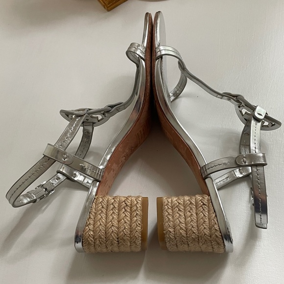 Tory Burch Womens 7.5 Metallic Leather Logo Sandals Espadrille Heels Coastal - Picture 7 of 12